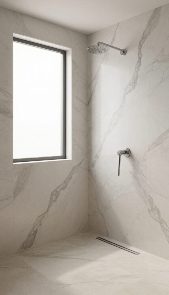 Bookmatched marble slabs in a modern shower with seamless veining and natural light