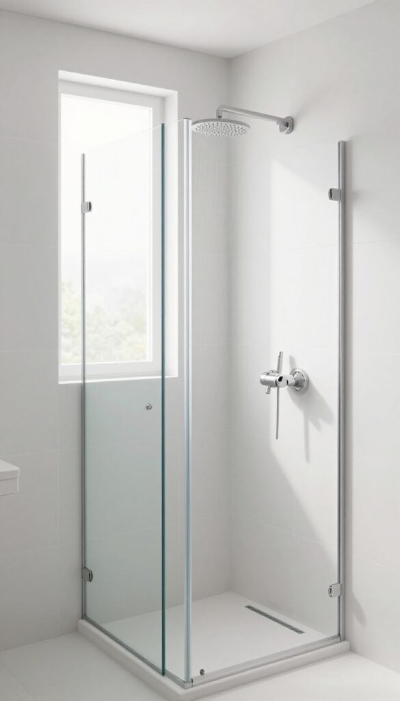 Small shower-only bathroom with large-format white tiles and minimal grout lines