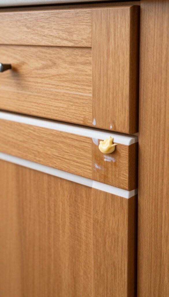 Applying mayonnaise to a water ring stain on a wooden kitchen cabinet