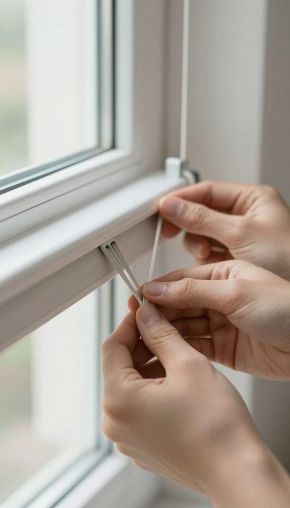 Hands carefully removing a horizontal blind from its bracket by a sunlit window.