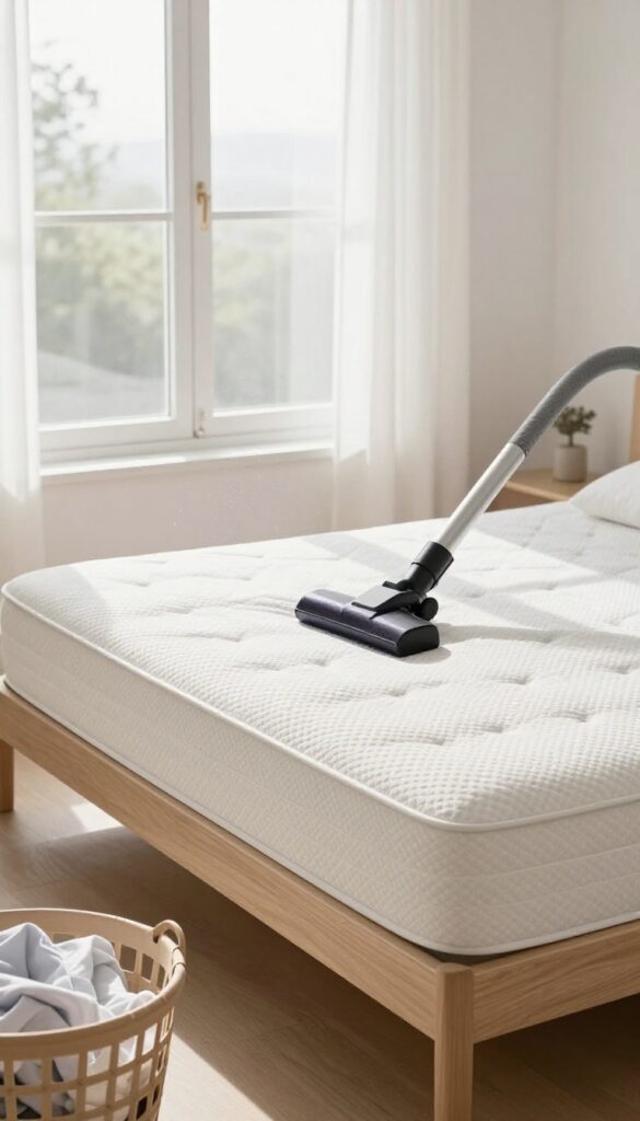 Bare mattress being vacuumed with upholstery attachment in a bright, clean bedroom