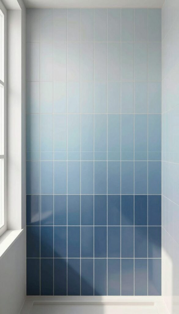 Ombre blue tile shower wall with gradient from light to dark blue