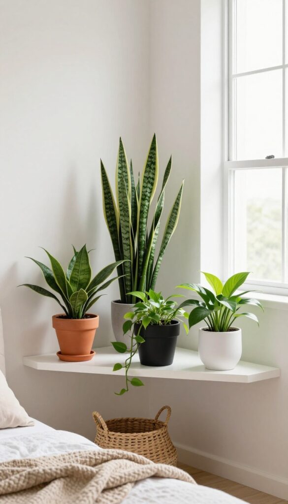 A stylish bedroom corner with three houseplants on a white floating shelf, including a snake plant, pothos, and ZZ plant in decorative pots.
