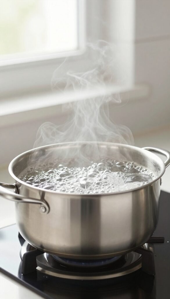 Stainless steel pan with bubbling club soda on stovetop, bright natural light, polished shine.