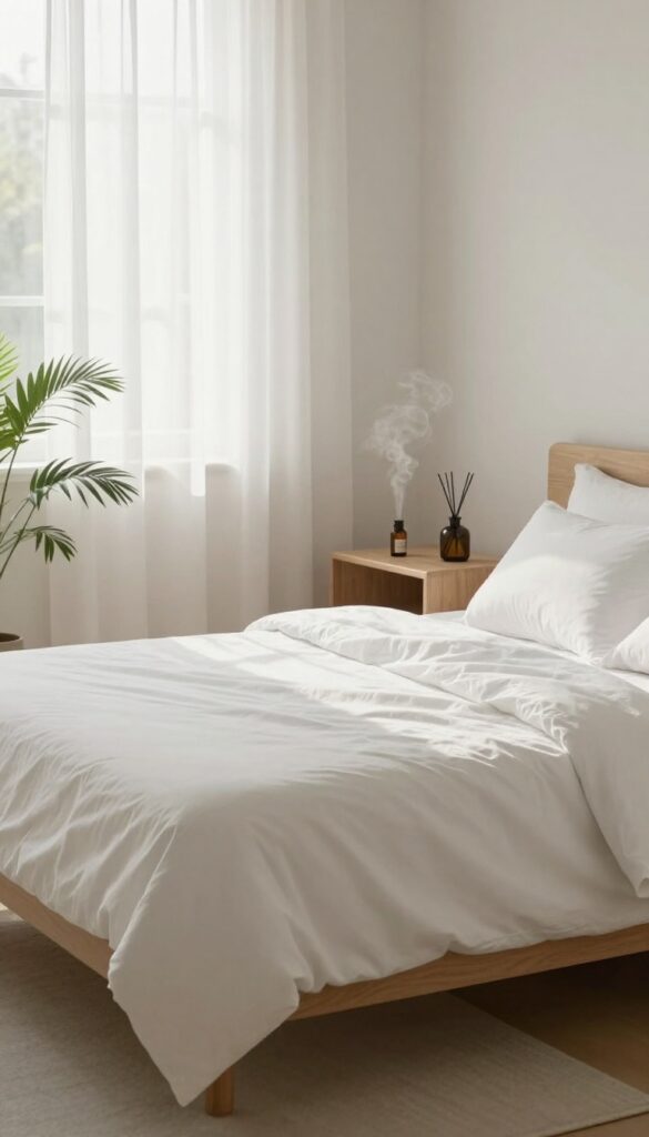 Essential oil diffuser in a clean bedroom with soft natural light