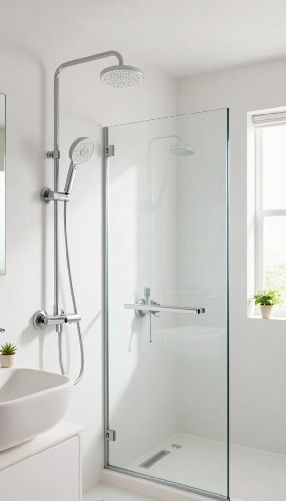 Small bathroom with wall-mounted faucet and handheld shower head