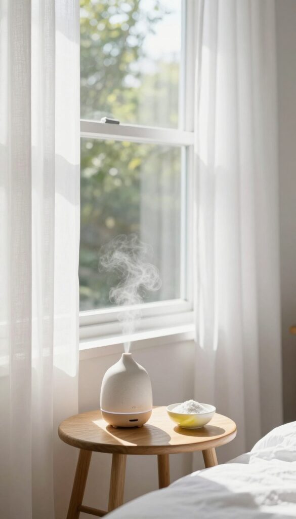 A bright bedroom with an open window, curtains blowing, an essential oil diffuser, and a bowl of baking soda on a bedside table.