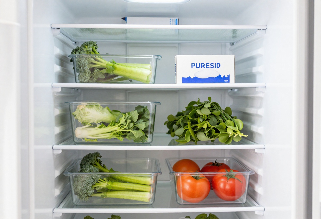 Clean and organized refrigerator interior with fresh produce and baking soda