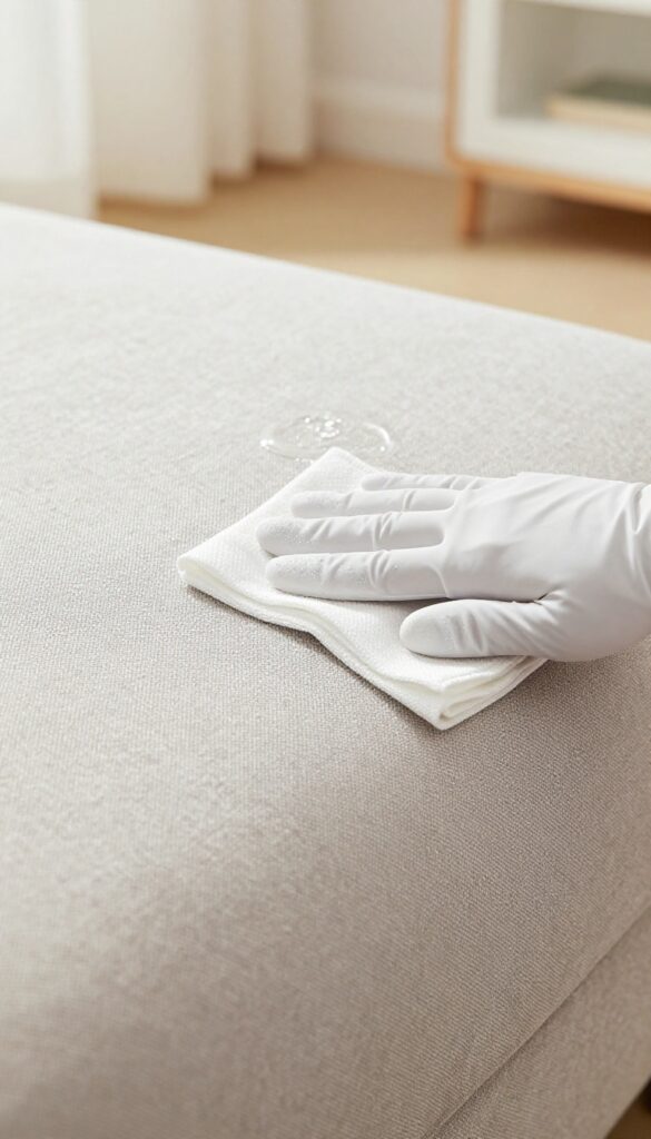 Hand testing cleaning solution on hidden underside of sofa cushion with white cloth