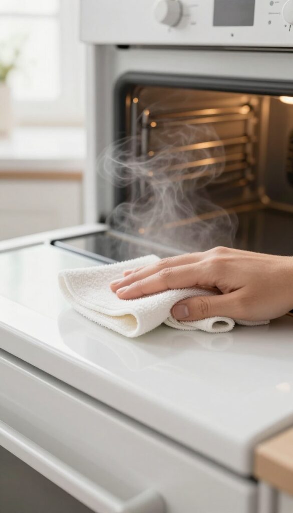 Wiping a warm oven with a microfiber cloth to maintain cleanliness