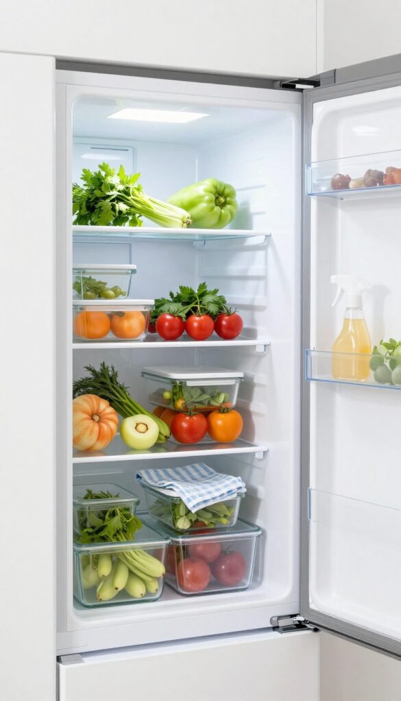 Clean refrigerator interior with organized shelves, fresh produce, and cleaning supplies