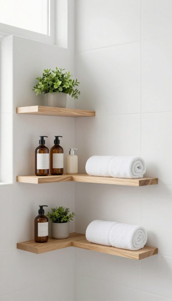 Open floating shelves in a small shower-only bathroom with toiletries and a plant