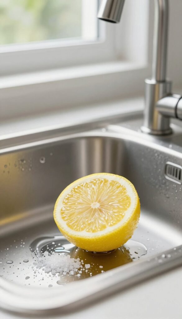 Lemon and salt scrub on a shiny stainless steel sink