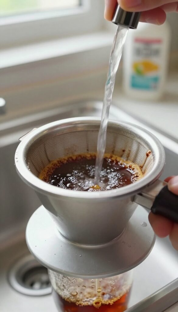 Cleaning a coffee maker filter basket with warm water in a kitchen sink