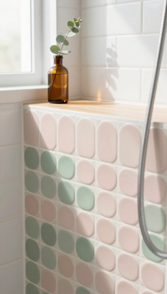 Shower niche with blush and sage penny round tiles, teak shelf, and eucalyptus sprig in natural light