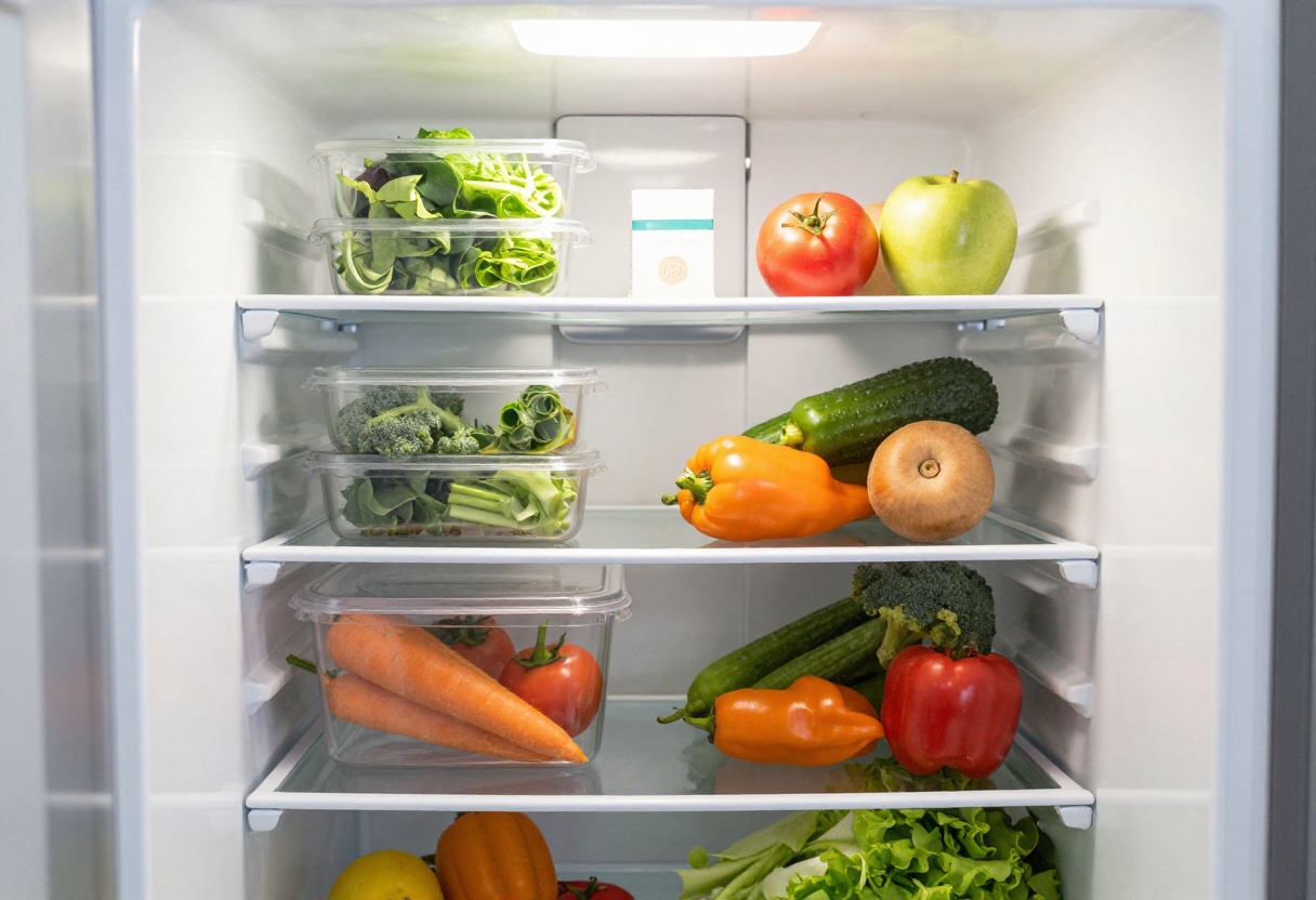 Clean refrigerator with organized shelves and fresh produce