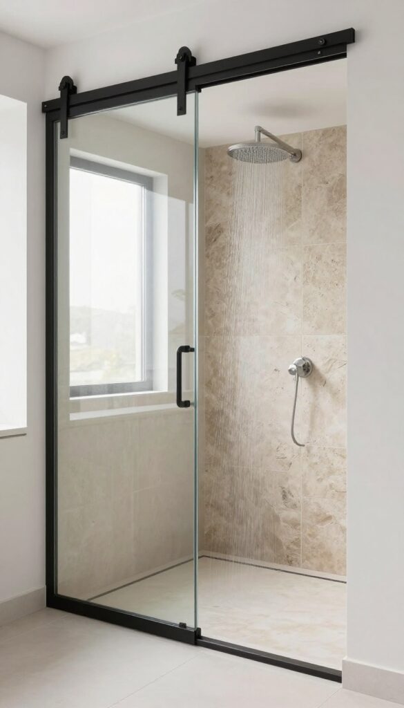 Sliding barn door glass shower in a modern bathroom with natural light