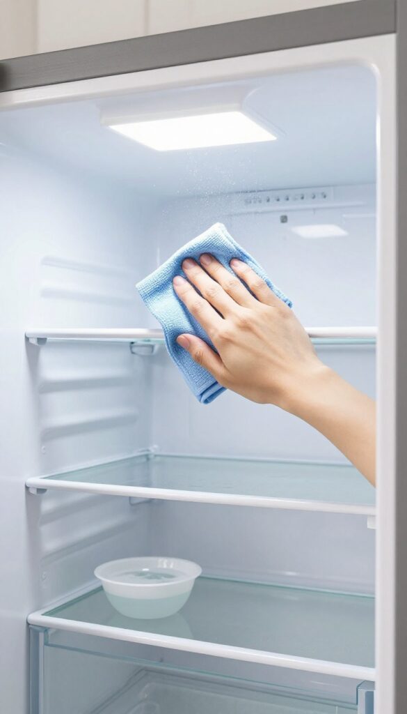 Wiping the interior ceiling and walls of a clean refrigerator with a microfiber cloth, shelves removed, bright natural light.