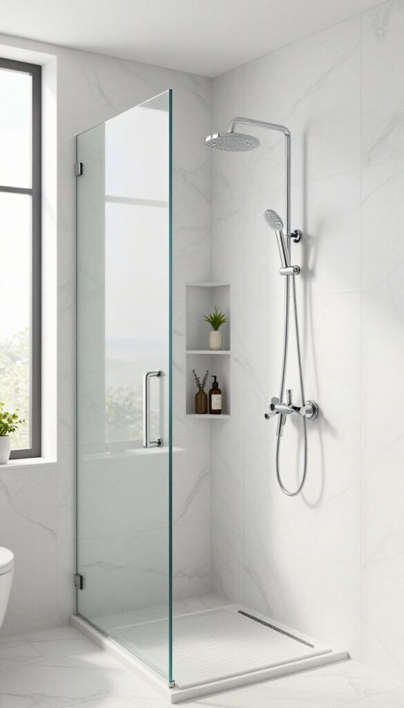 Large-format tiles in a master shower creating a seamless, spa-like look with fewer grout lines