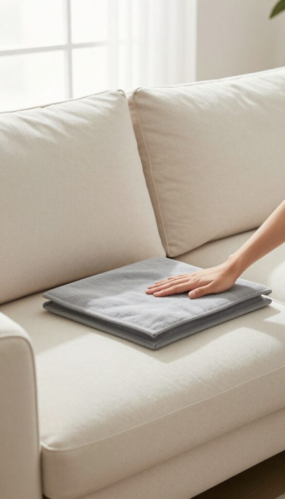 Person using a dryer sheet on a sofa cushion to reduce static and add freshness
