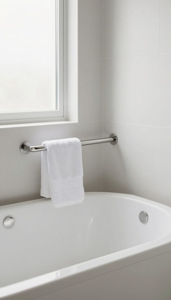Grab bar doubling as towel rail near bathtub in bright modern bathroom