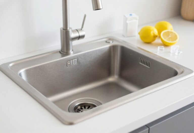 Clean kitchen sink with garbage disposal and cleaning supplies including lemon and baking soda
