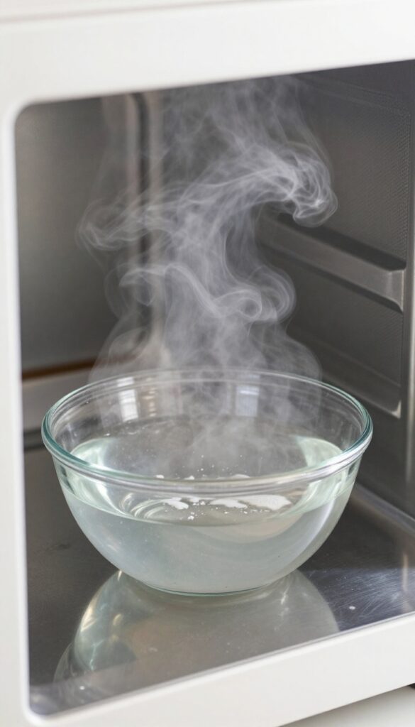 Steam rising from a glass bowl of baking soda and water inside a microwave, cleaning process in action.
