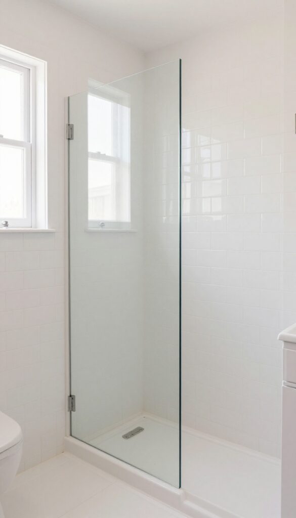 Small bathroom with light colors and large mirror reflecting shower space