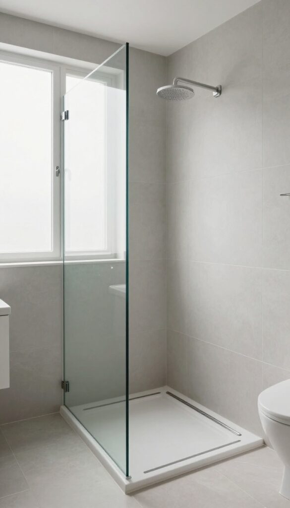 Curbless shower entry in a small bathroom with seamless tile floor and frameless glass