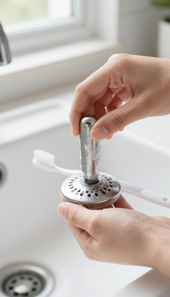 Hand holding a dirty drain stopper with a toothbrush and vinegar bowl on a clean kitchen sink