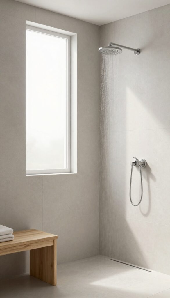 Large-format porcelain slabs in a modern shower with minimal grout lines and natural light
