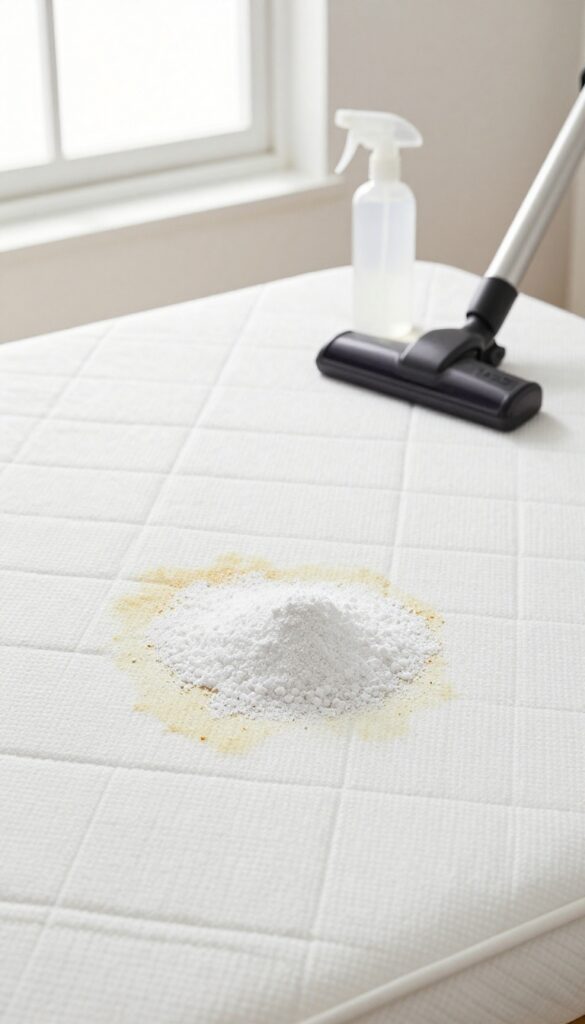 Borax powder sprinkled on a mattress stain with spray bottle and vacuum nearby