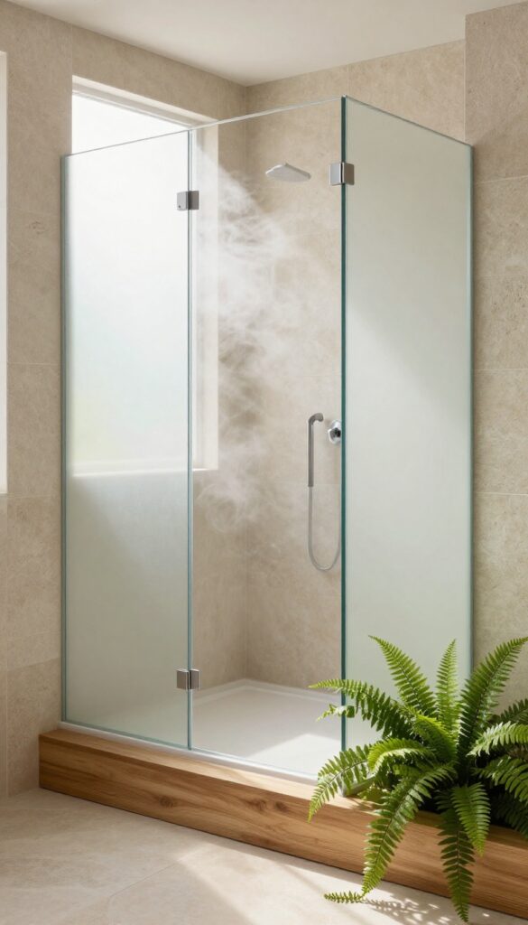 Bright shower with humidity-loving plants on a wooden ledge, natural stone tiles, soft sunlight, spa-like atmosphere