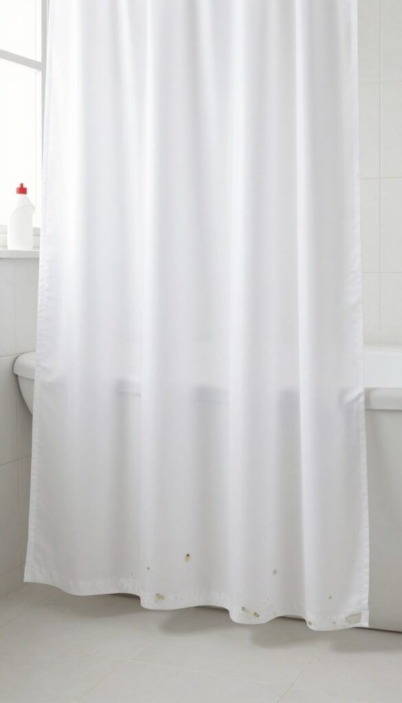 Shower curtain liner laid out on bathroom floor with mold spots visible along bottom hem