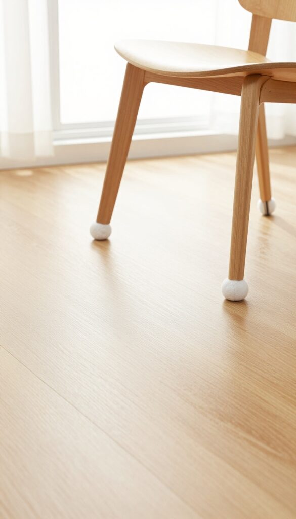 Close-up of a chair leg with felt pad on shiny laminate wood floor