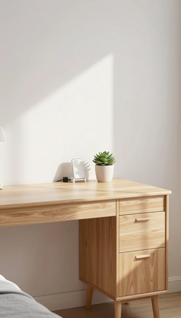Clear flat surfaces in a tidy bedroom with desk and nightstand, minimal decor, natural light