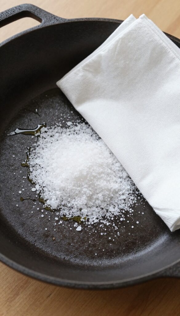 Cast iron skillet with salt and oil for scrubbing
