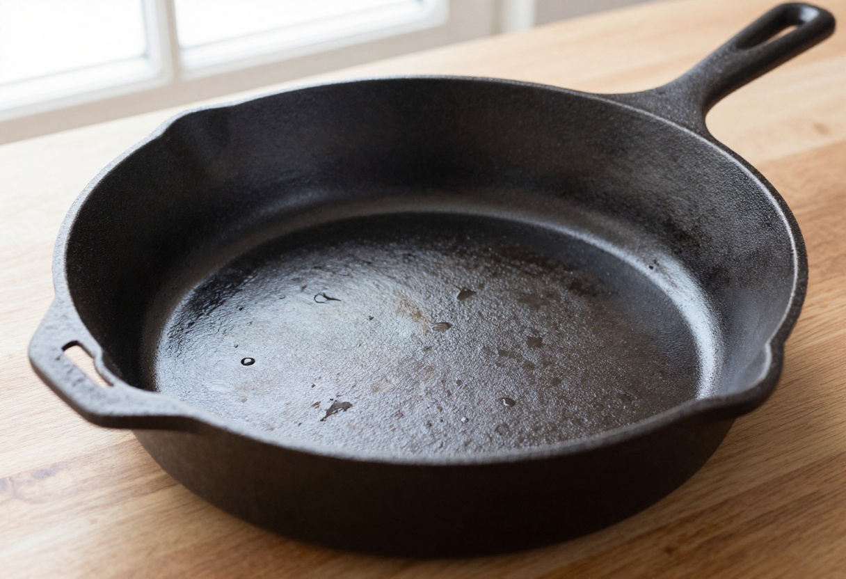 Well-seasoned cast iron skillet with glossy black surface on wooden table