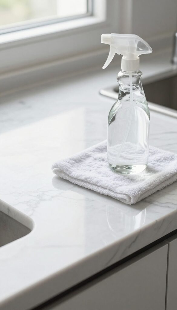 Castile soap cleaning solution on sealed marble floor with microfiber mop and glass spray bottle