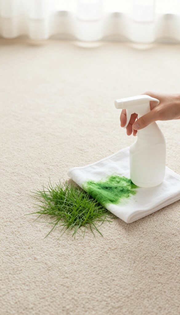 Grass stain on beige carpet being blotted with a white cloth and enzyme cleaner spray bottle nearby.