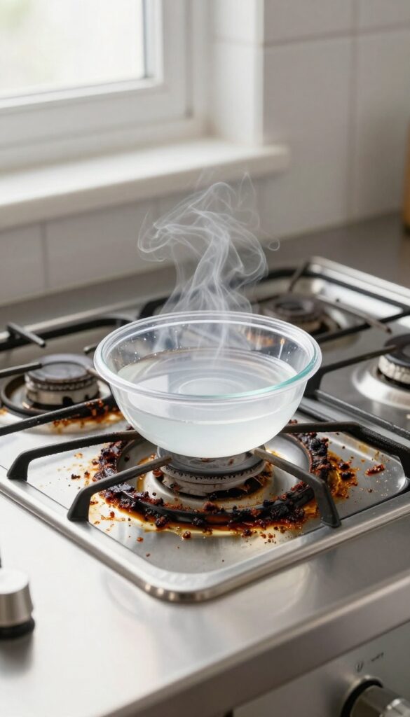 Stove burner grates in a plastic bag with a bowl of ammonia for heavy-duty cleaning