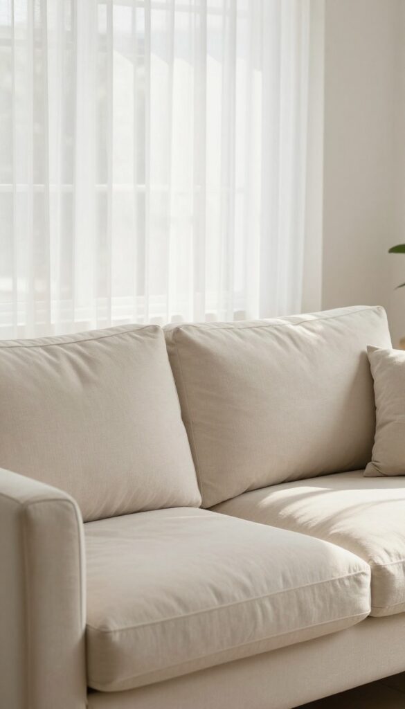 Living room with a fabric couch protected from direct sunlight by sheer curtains