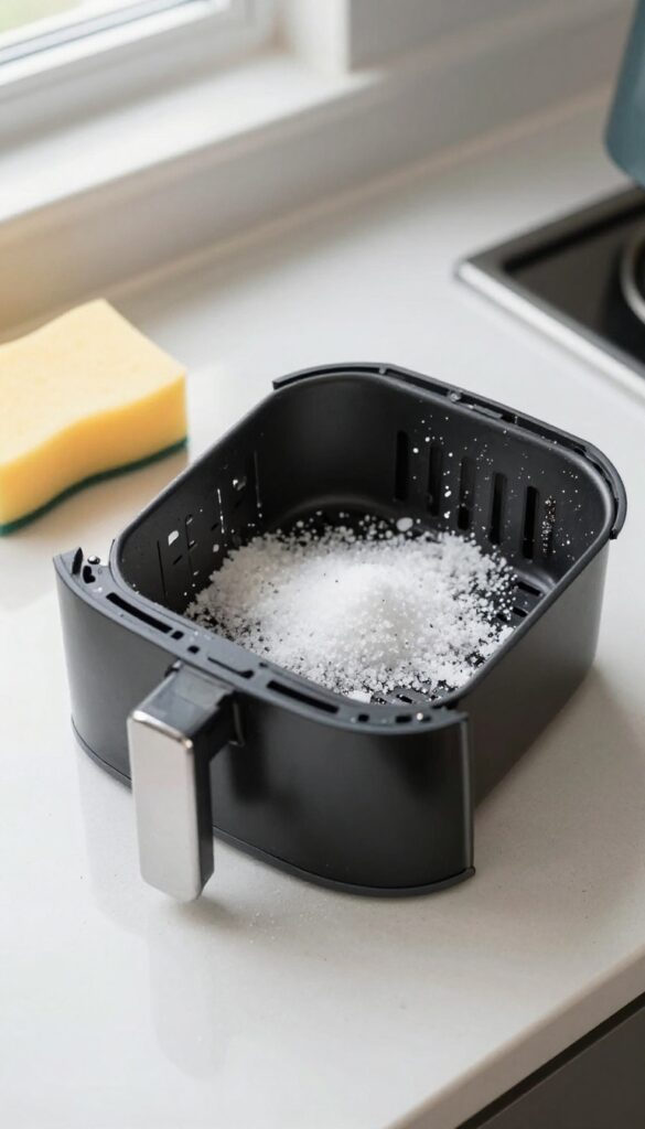 Coarse salt scrub on air fryer basket to remove grease