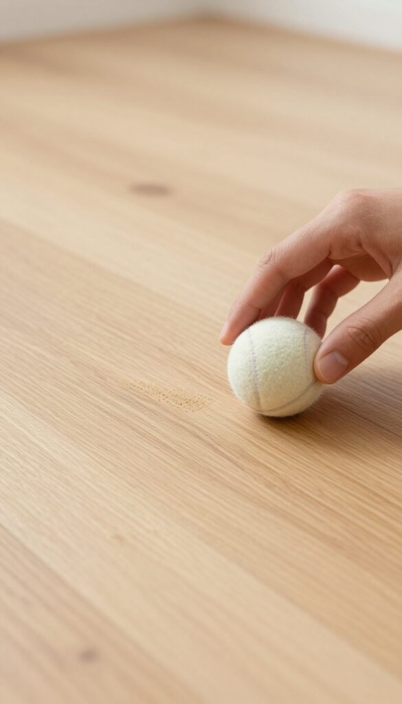 Hand rubbing a scuff mark on a hardwood floor with a tennis ball