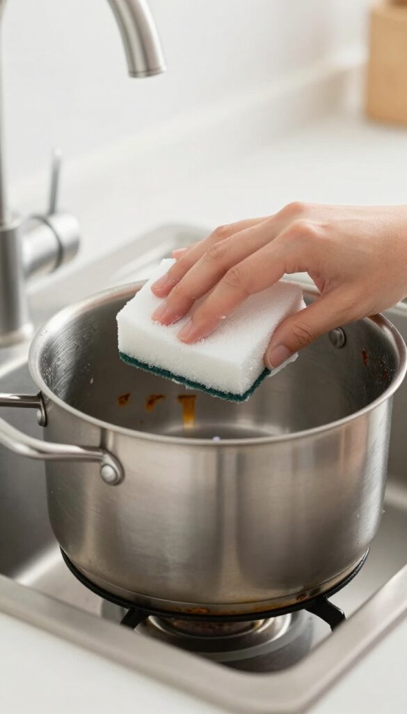 Cleaning a stainless steel pot with Bar Keepers Friend paste and a soft sponge