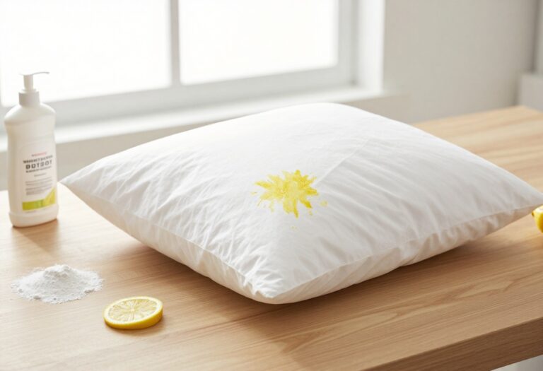 White pillow with yellow stains on a wooden table with cleaning supplies and sunlight