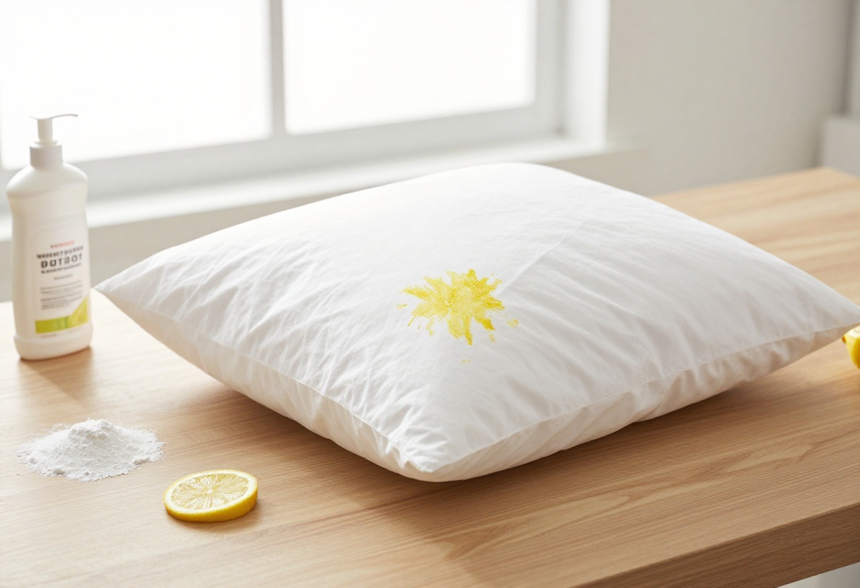 White pillow with yellow stains on a wooden table with cleaning supplies and sunlight