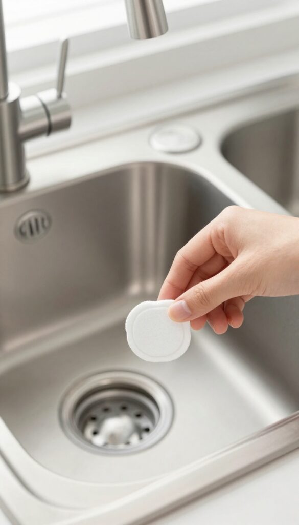Dropping a garbage disposal cleaning tablet into a kitchen sink