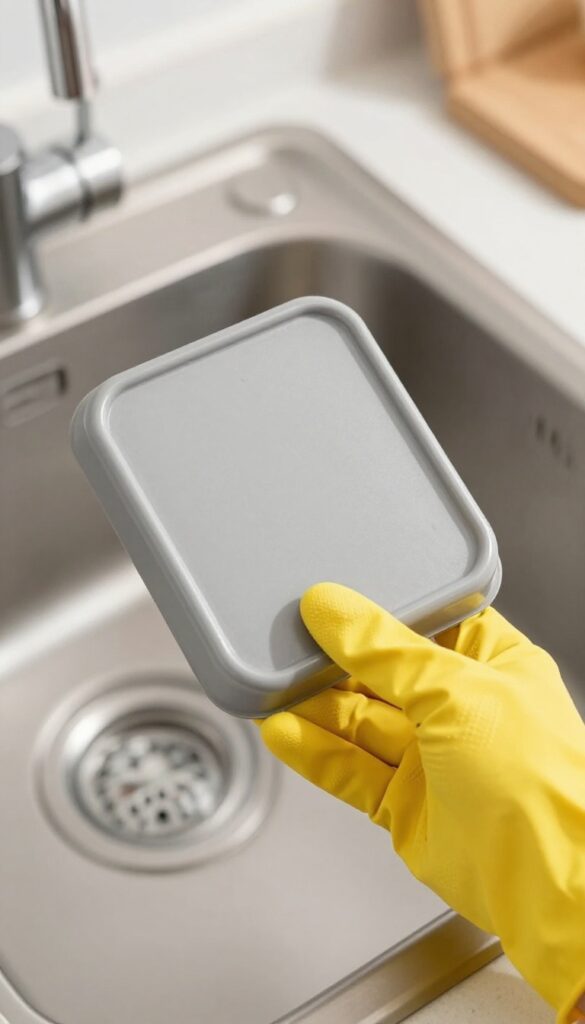 Hand holding a clean oven bottom panel near a kitchen sink