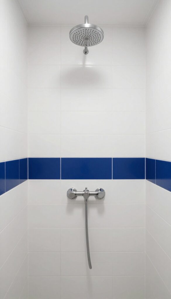 Bright bathroom shower with white field tiles and a single navy blue decorative accent band at eye level